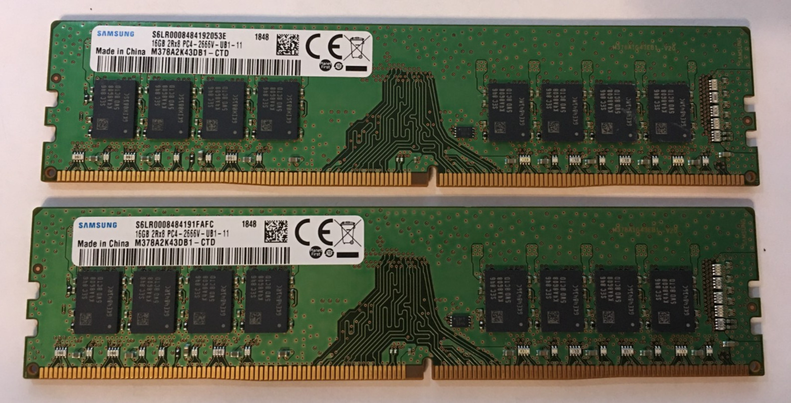 Lot of 2 SamSung 16GB 2Rx8 PC4-2666V-UB1-11, DDR4 DIMM Desktop Memory 1848