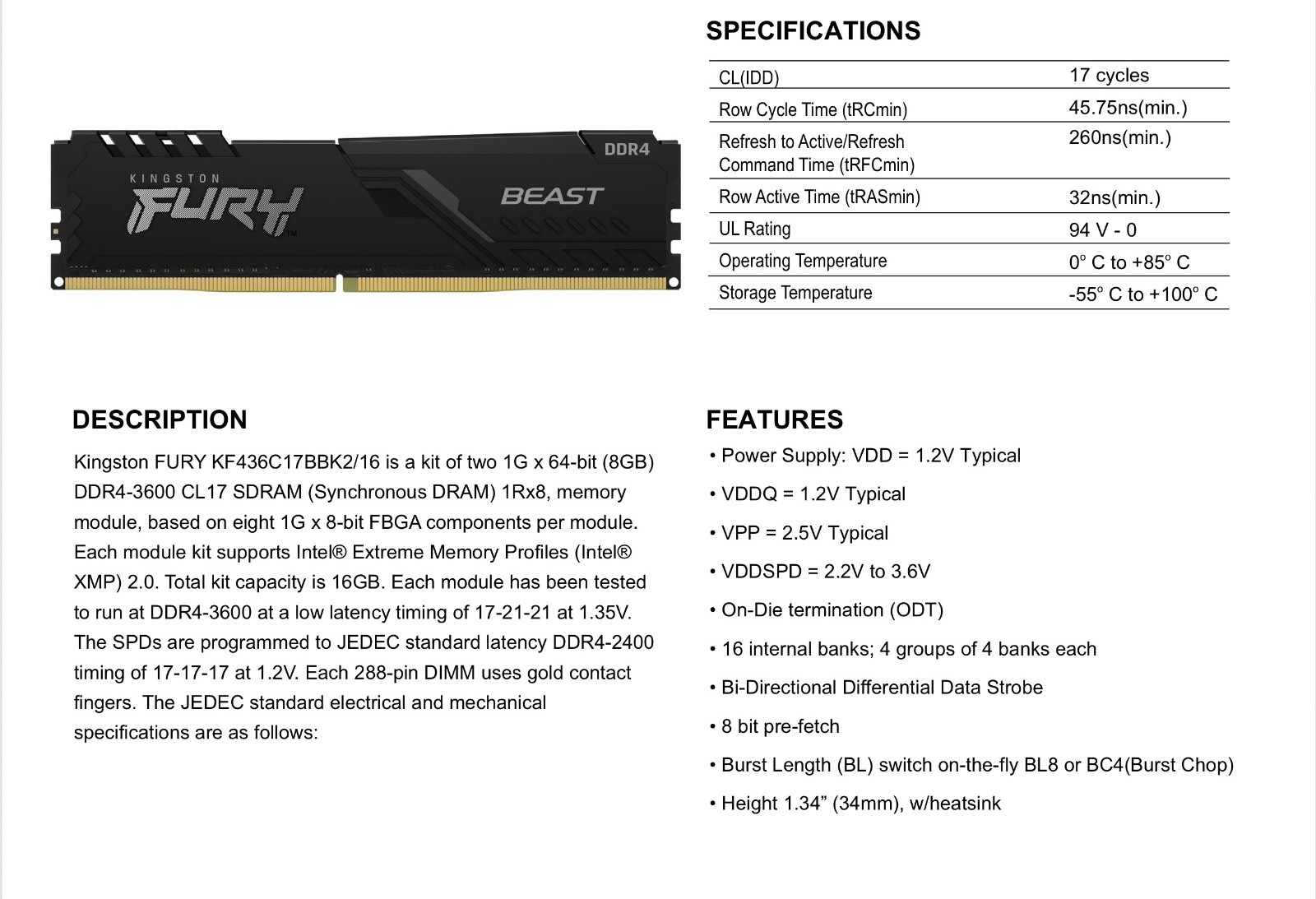 Kingston FURY Beast 16GB (2x8GB) RAM DDR4 3600MHz KF436C17BBK2/16 Desktop Memory