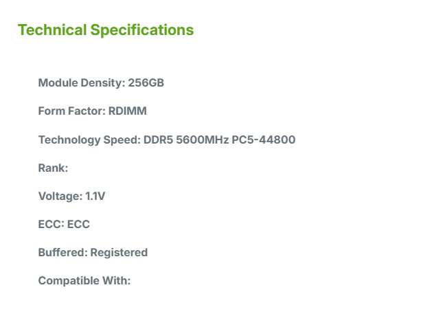 2TB (8X256GB) DDR5 5600MHz PC5-44800 RDIMM 8Rx4