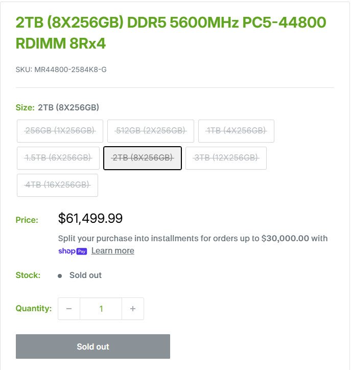 2TB (8X256GB) DDR5 5600MHz PC5-44800 RDIMM 8Rx4