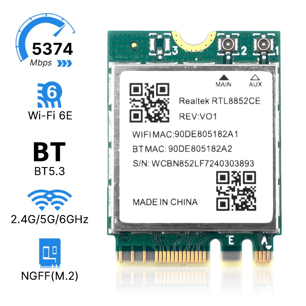 RTL8852CE WiFi 6E AX5400 Key A+E M.2 2230 Card for Laptop Tri-Band Bluetooth 5.3