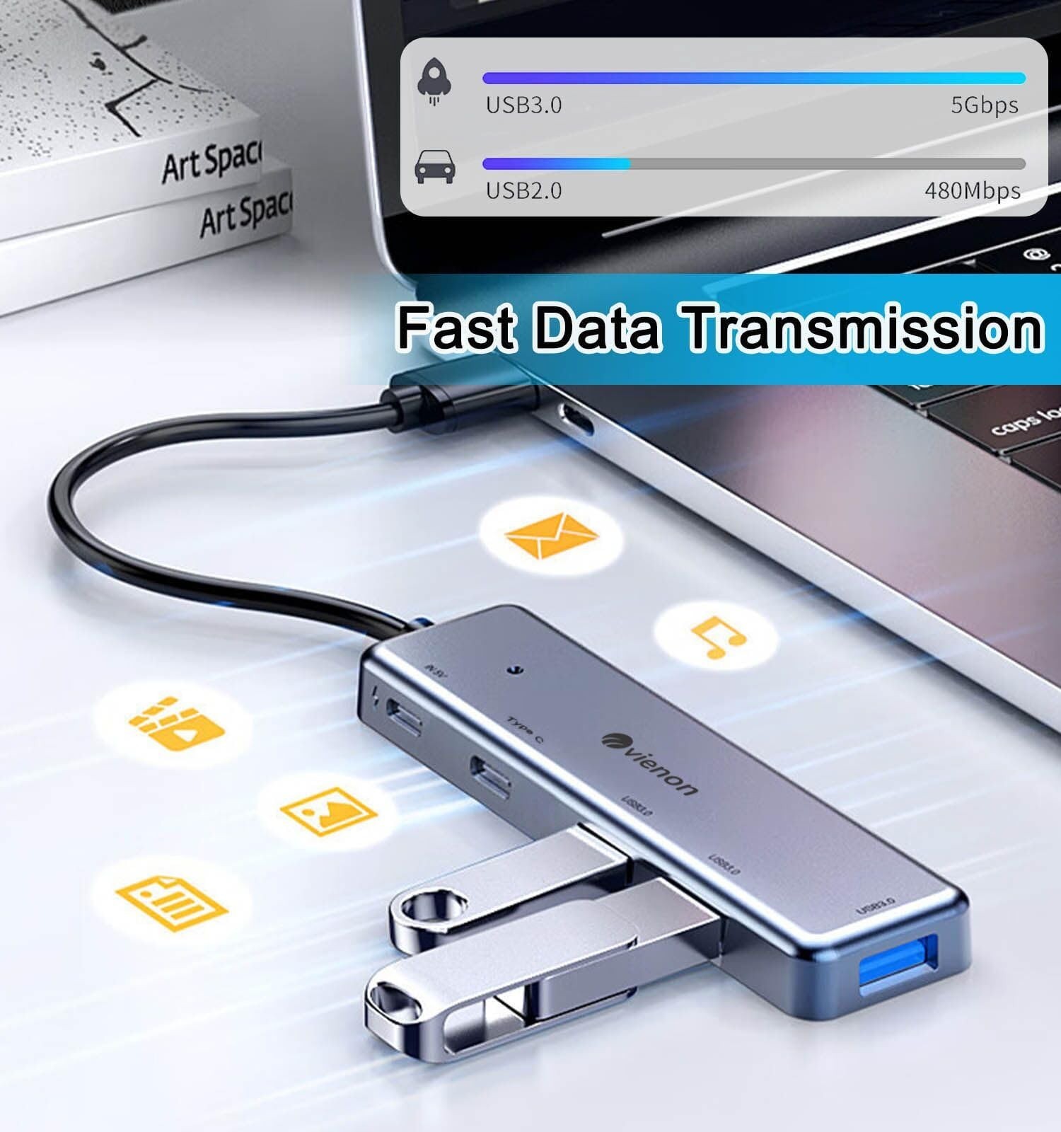 USB 3.0 Hub 5 in 1, USB Splitter with USB-C Power Port, USB-C Data Port, USB …
