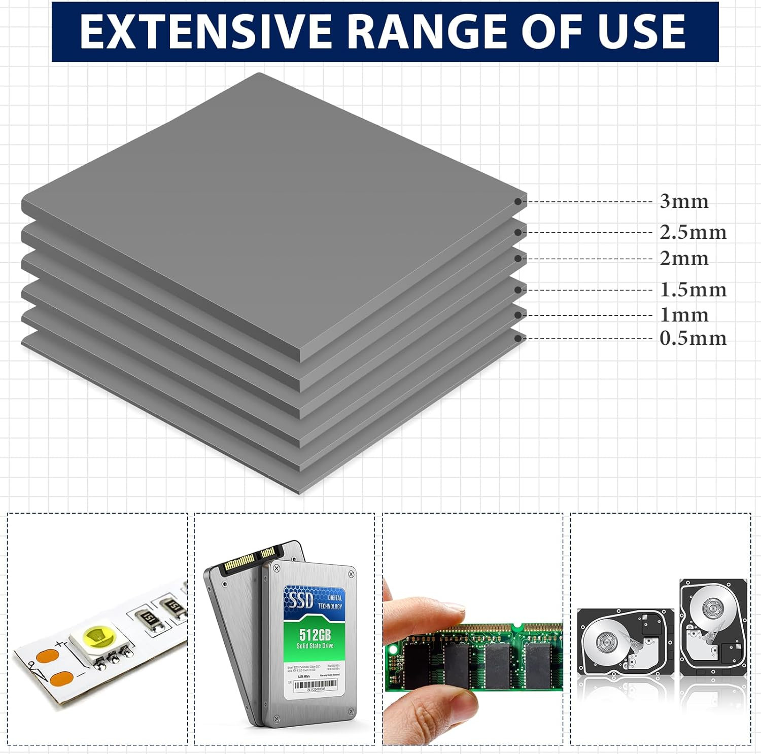 Frienda 6 Pcs Thermal Pad 100 X 100 Mm, 0.5 Mm, 1 Mm, 1.5 Mm, 2 Mm, 2.5 Mm, 3 Mm