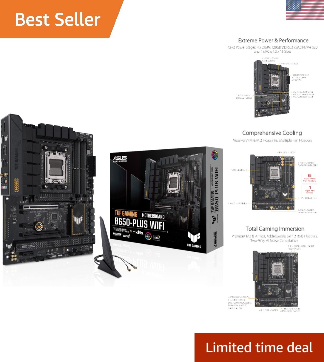 TUF Gaming B650-PLUS Motherboard with Enhanced Cooling & AI Noise Cancelation