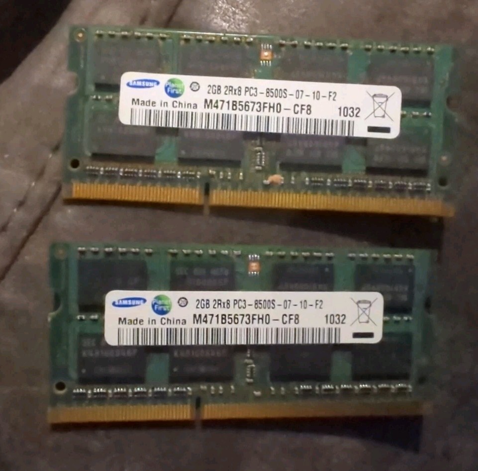 SAMSUNG 2X 2GB 4GB KIT | PC3 8500S Laptop Memory RAM | M471B5673FH0-CF8