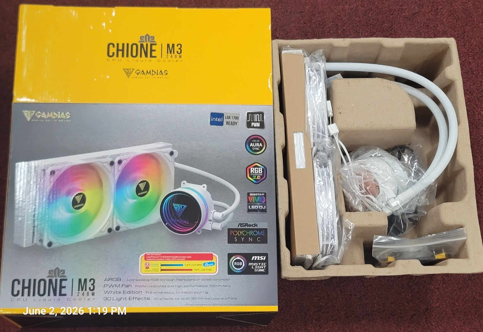 Gamdias Chione M3 White CPU Water Cooler RGB Dual Fan 120mm LGA 1700