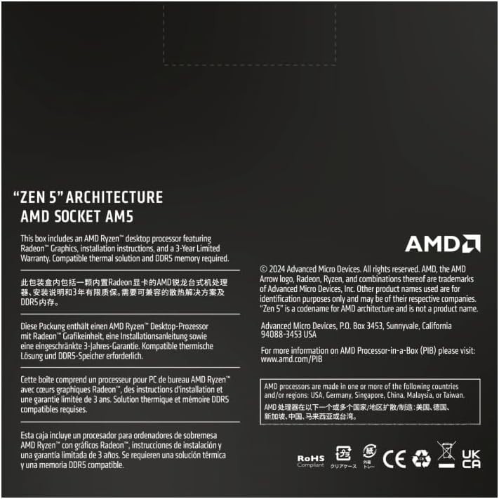 AMD Ryzen 5 9600X 6-Core 12-Thread Unlocked Desktop Processor AM5 Gaming 5.4GHz