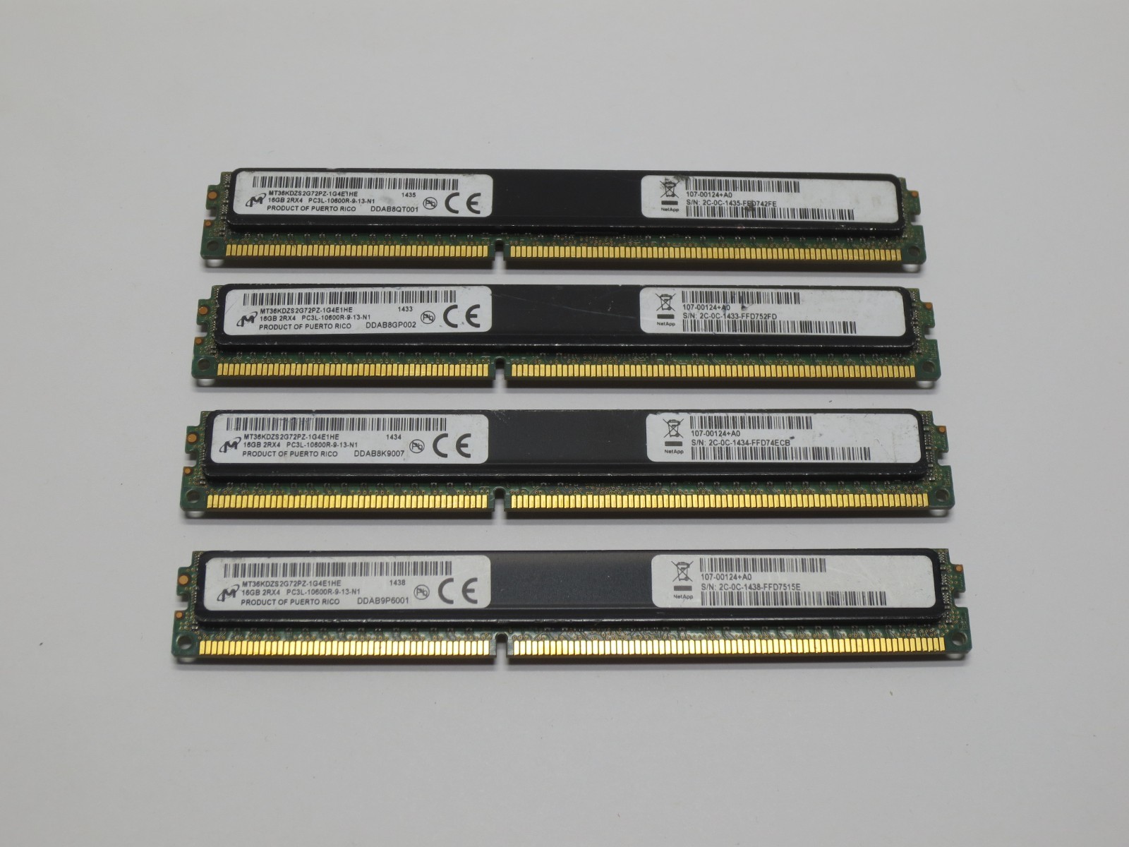Lot of 4 Micron 16GB 2RX4 PC3L-10600R DDR3 Server Memory, MT36KDZS2G72PZ-1G4E1HE