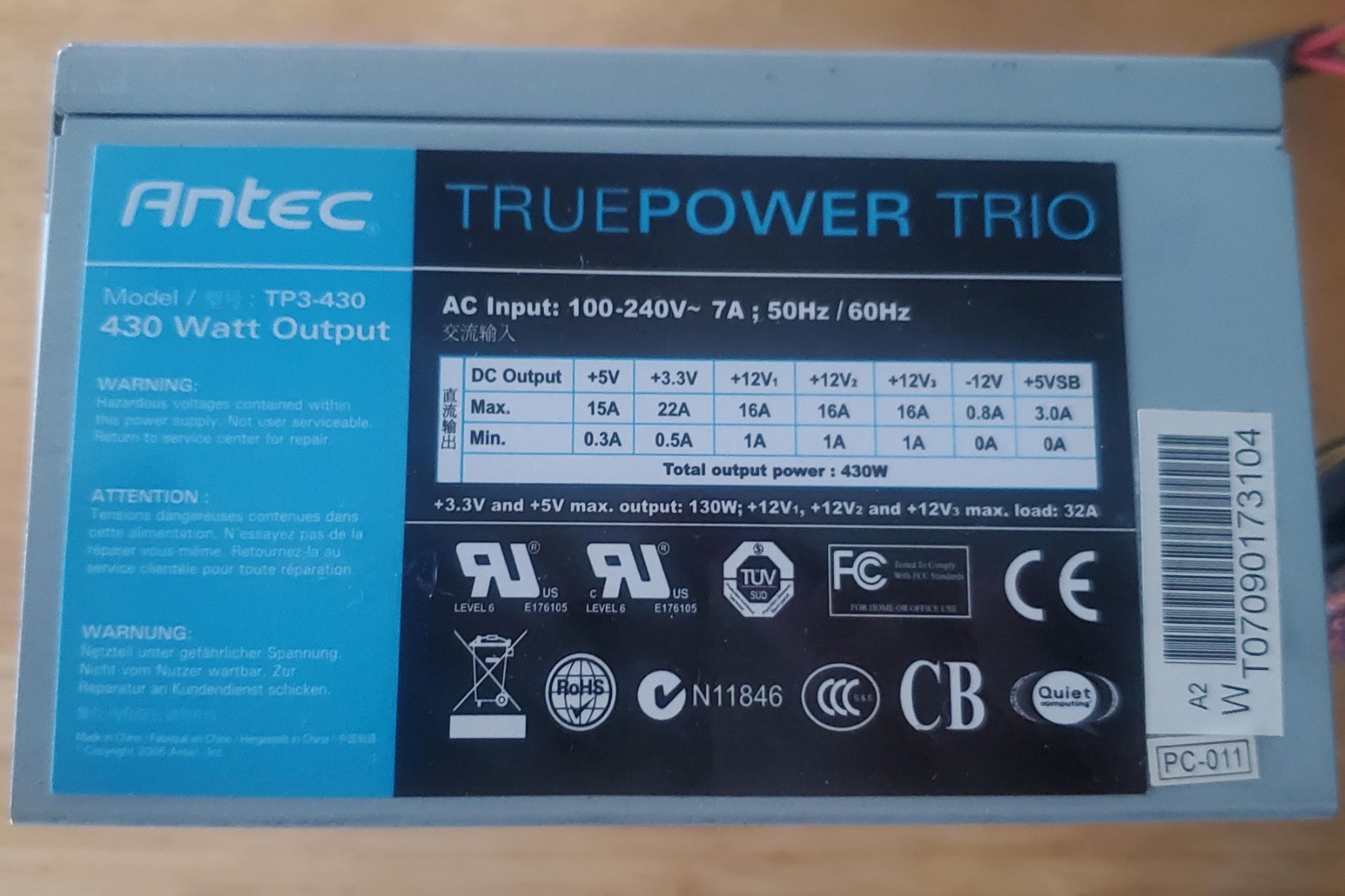 Used Antec TP3-430 TruePower Trio power supply output 430 watts — FREE SHIPPING