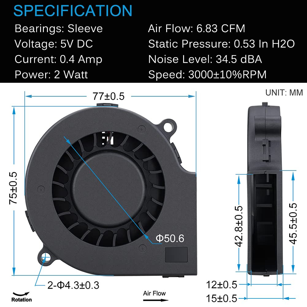 75Mm USB Fan, 75Mm X 15Mm Blower Fan, 5V DC Brushless Cooling Fan for Laptop