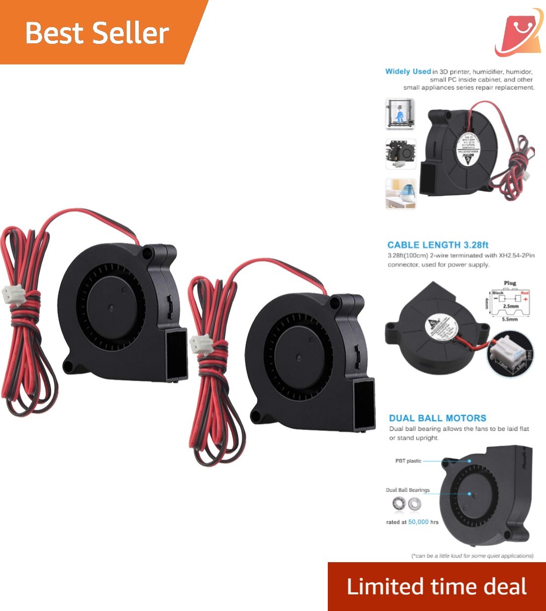 2-Pack 50mm x 15mm DC Blower Fan 12V Dual Ball Bearing Cooling Turbo for 3D P…