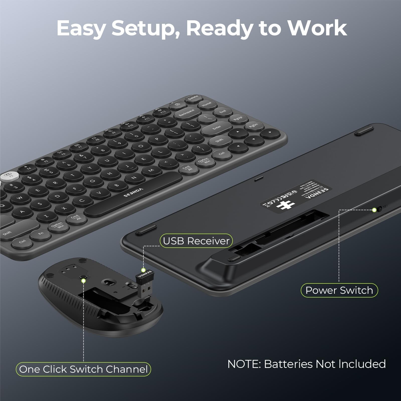 seenda Bluetooth Wireless Keyboard and Mouse Combo, COE203 Quiet Round Keycap…