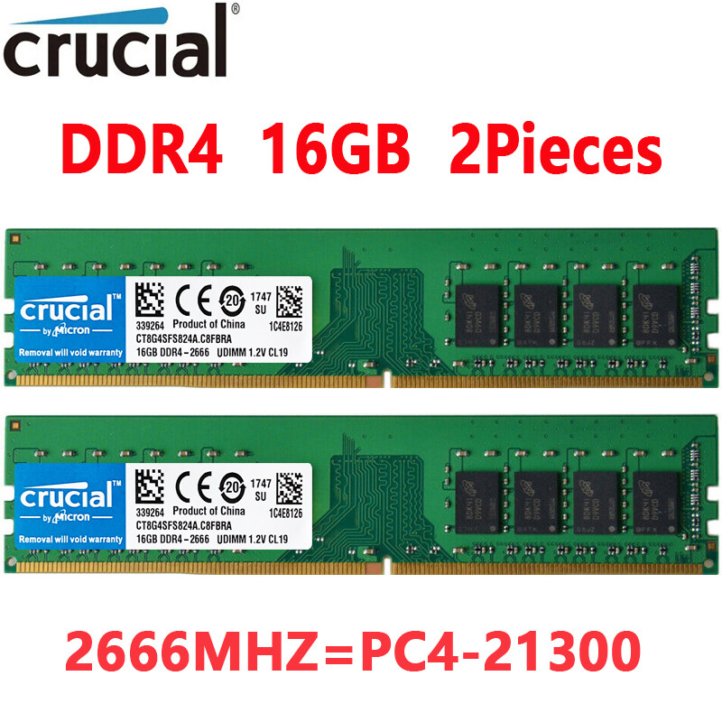 Crucial DDR4 32GB 2X16GB 2666 Mhz PC4-21300 288pins Desktop Memory Dimm Ram