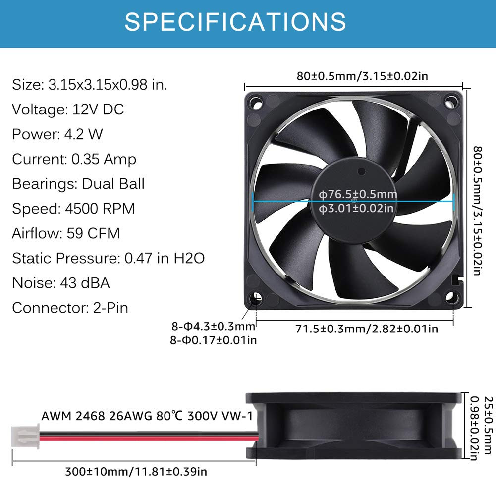 GDSTIME 4500RPM 8Cm 80Mm X 80Mm X 25Mm 12V Big Airflow High Speed Dual Ball Bear