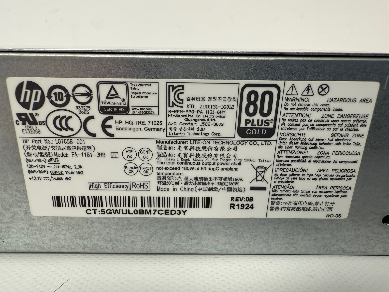 HP L07658-001 180 WATT POWER SUPPLY PRODESK 400 G5 SFF PA-1181-3HB
