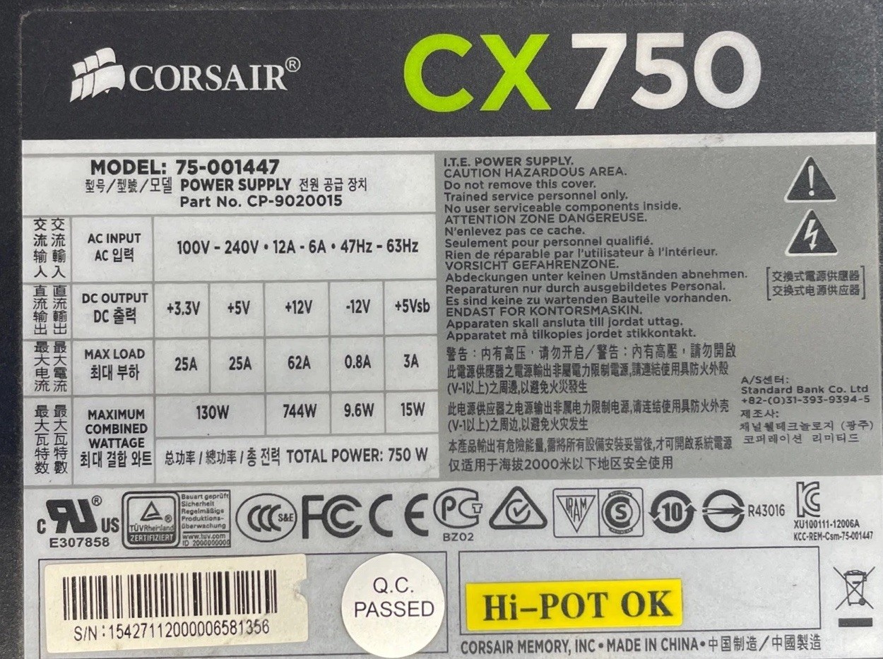 Corsair CX750M 750W Modular Power Supply Model 75-001447 TESTED AND WORKING