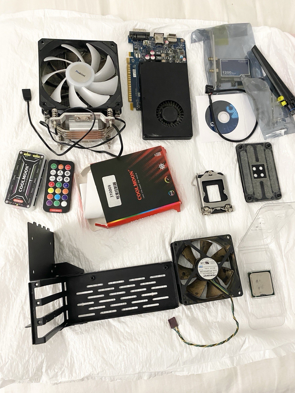 PC Parts Lot GPU, Intel Core 2 Quad Q9650, CPU Cooler, WiFi Card, Fans and More!