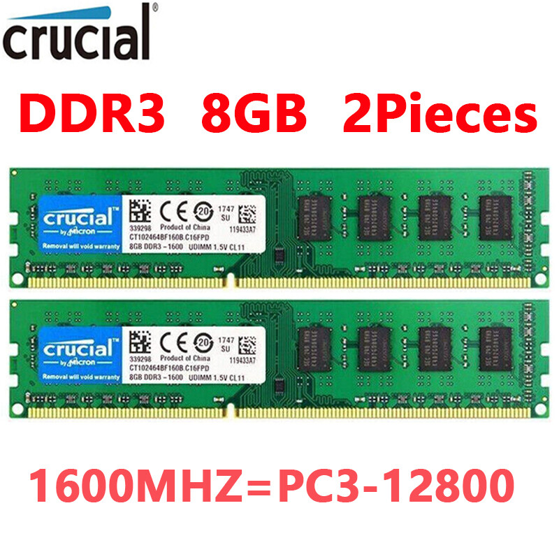 CRUCIAL DDR3 1600MHz 16GB (2x 8GB) PC3-12800 Desktop 240pin DIMM Memory RAM 1.5V
