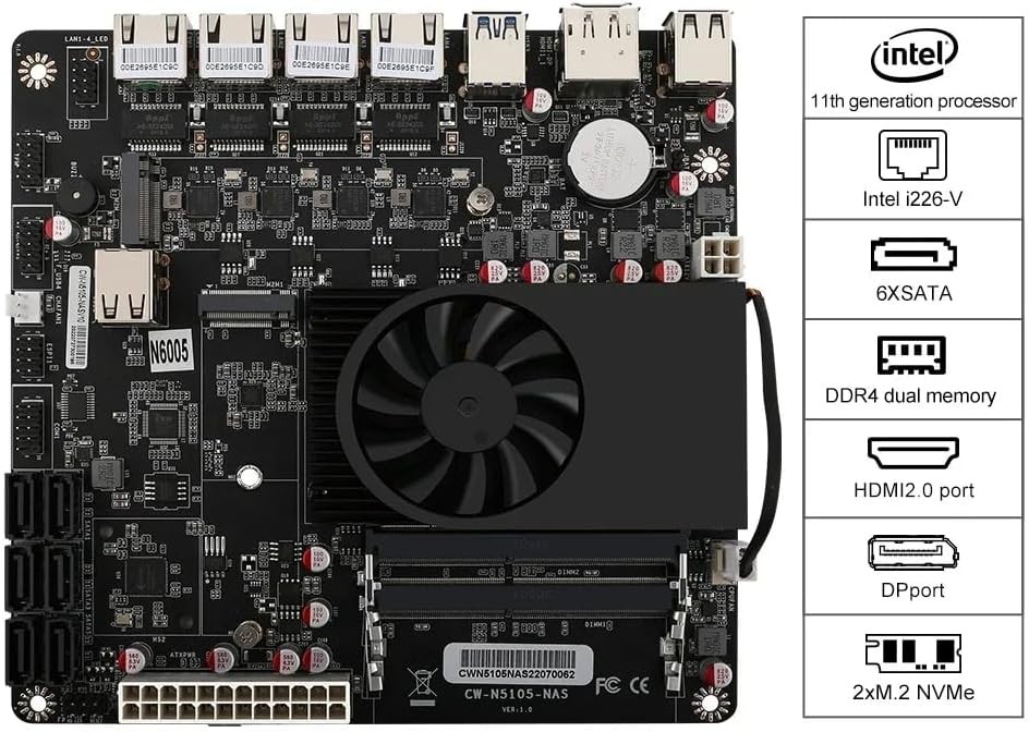 N5105 NAS Motherboards 4Cores 4Threads 4×2.5G i226 Network2 M.2 NVMe Slot 6xSATA