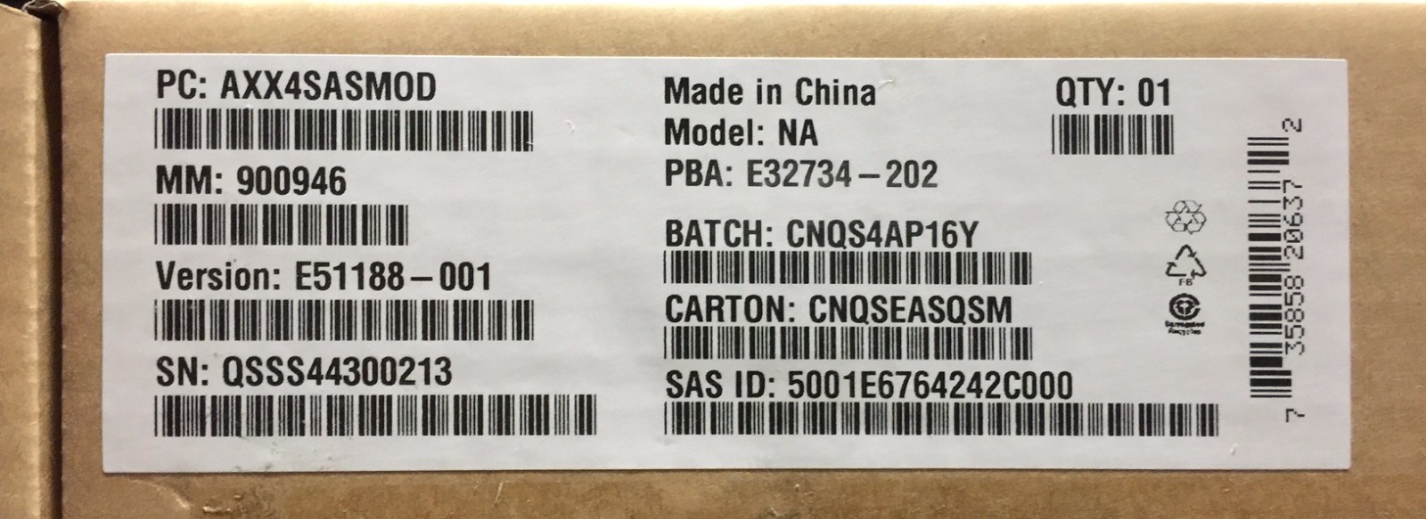 Intel AXX4SASMOD Integrated Server RAID Module New Bulk Packaging