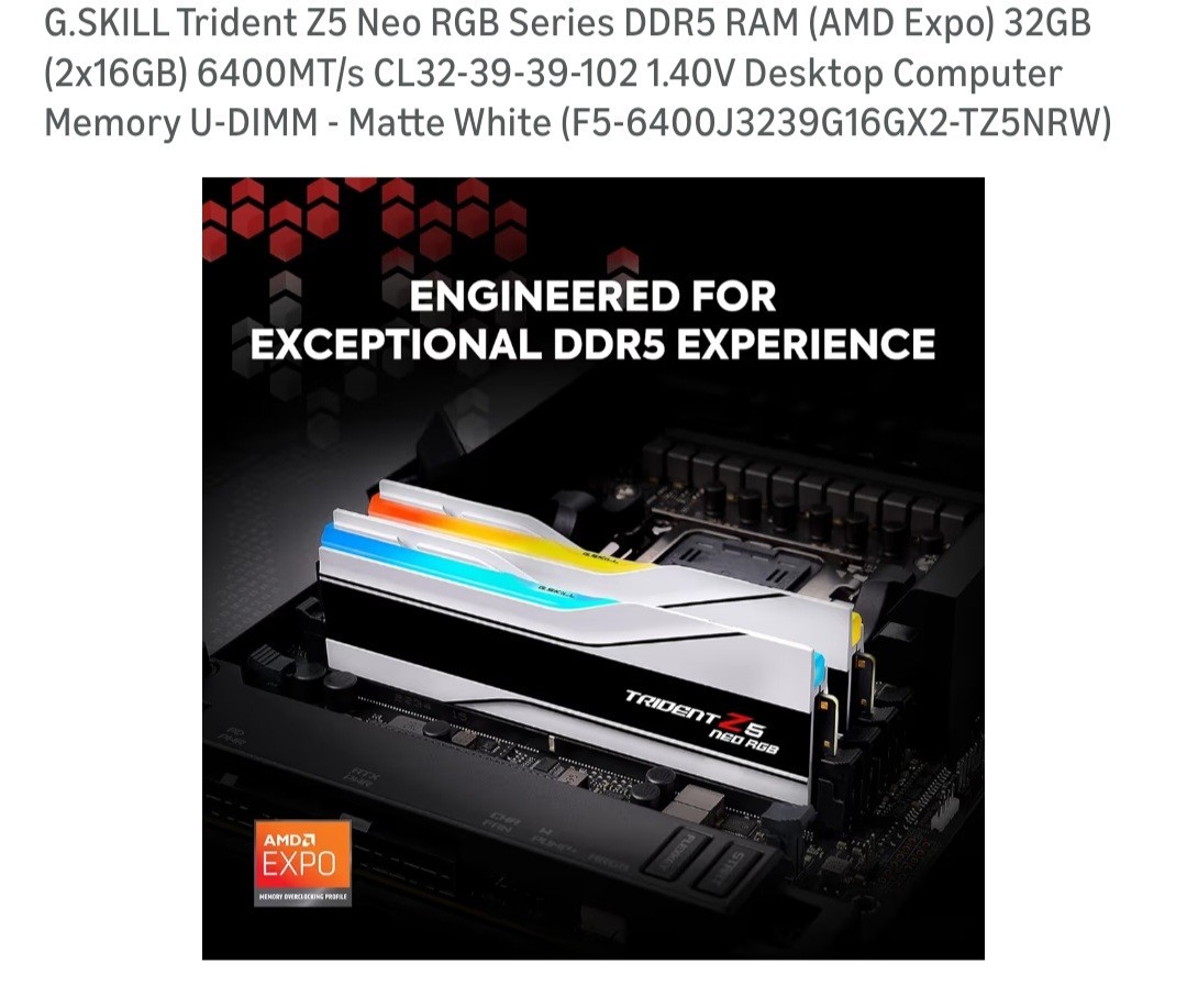 G.SKILL Trident Z5 Neo RGB DDR5 32GB (2x16GB) 6400MT/s CL32 UDIMM Matte White