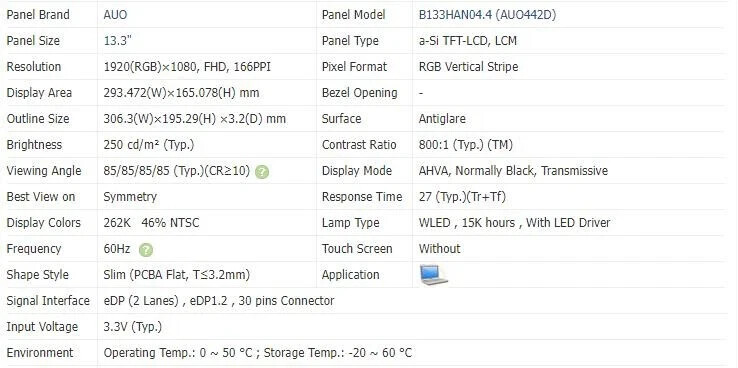 AUOp B133han04.4 Bottom Right Connection Replacement Lapto LCD Screen 30pin