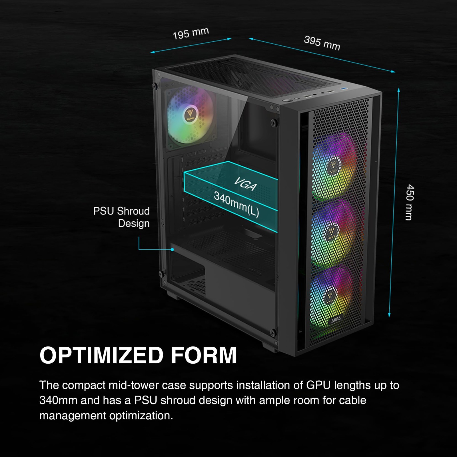 ATX Mid Tower Computer PC Case with Tempered Glass, 4X 120mm ARGB PWM Fans Ga…