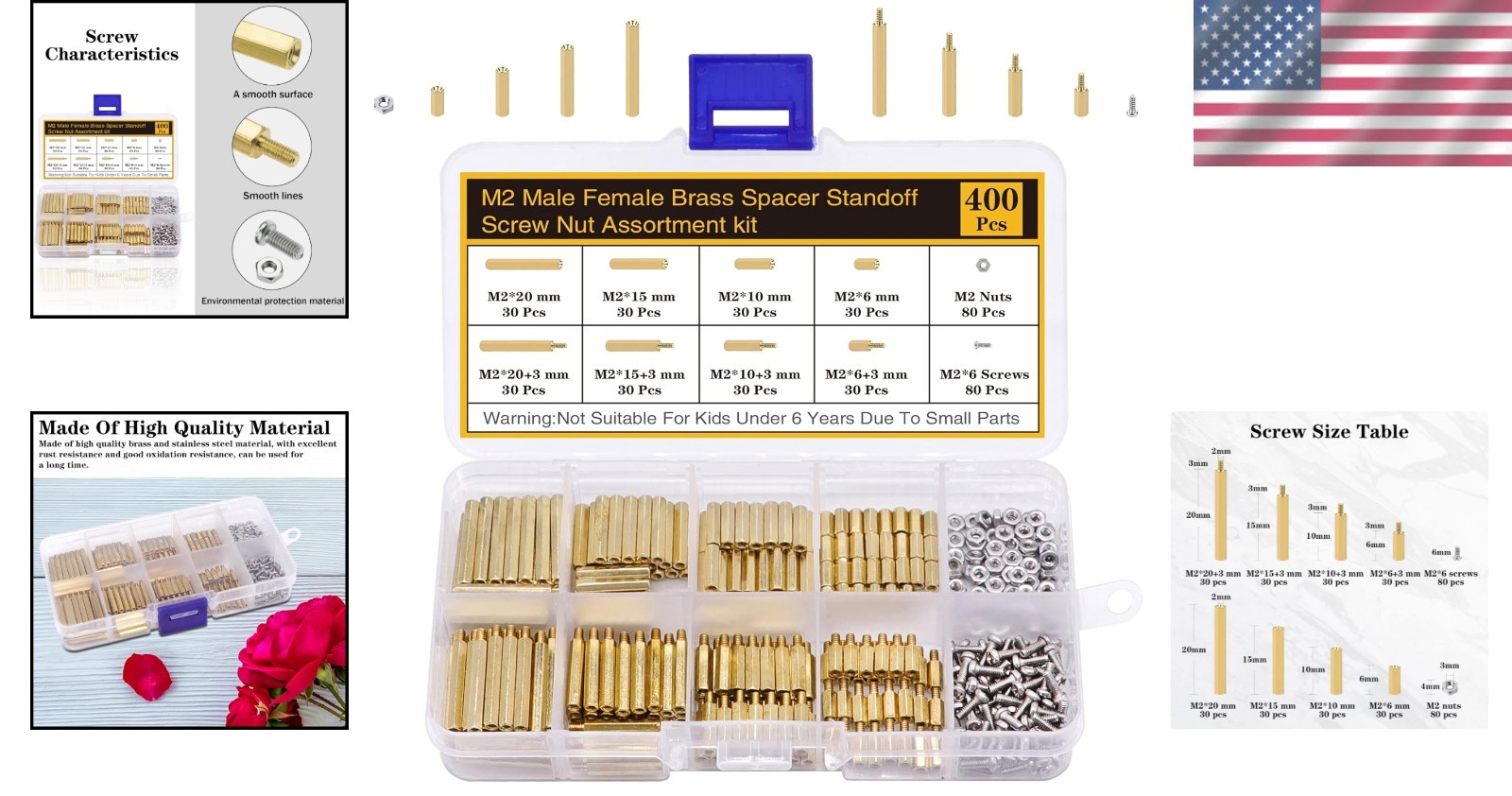 Brass Spacer Standoffs Set, M2 Screws for Electronics