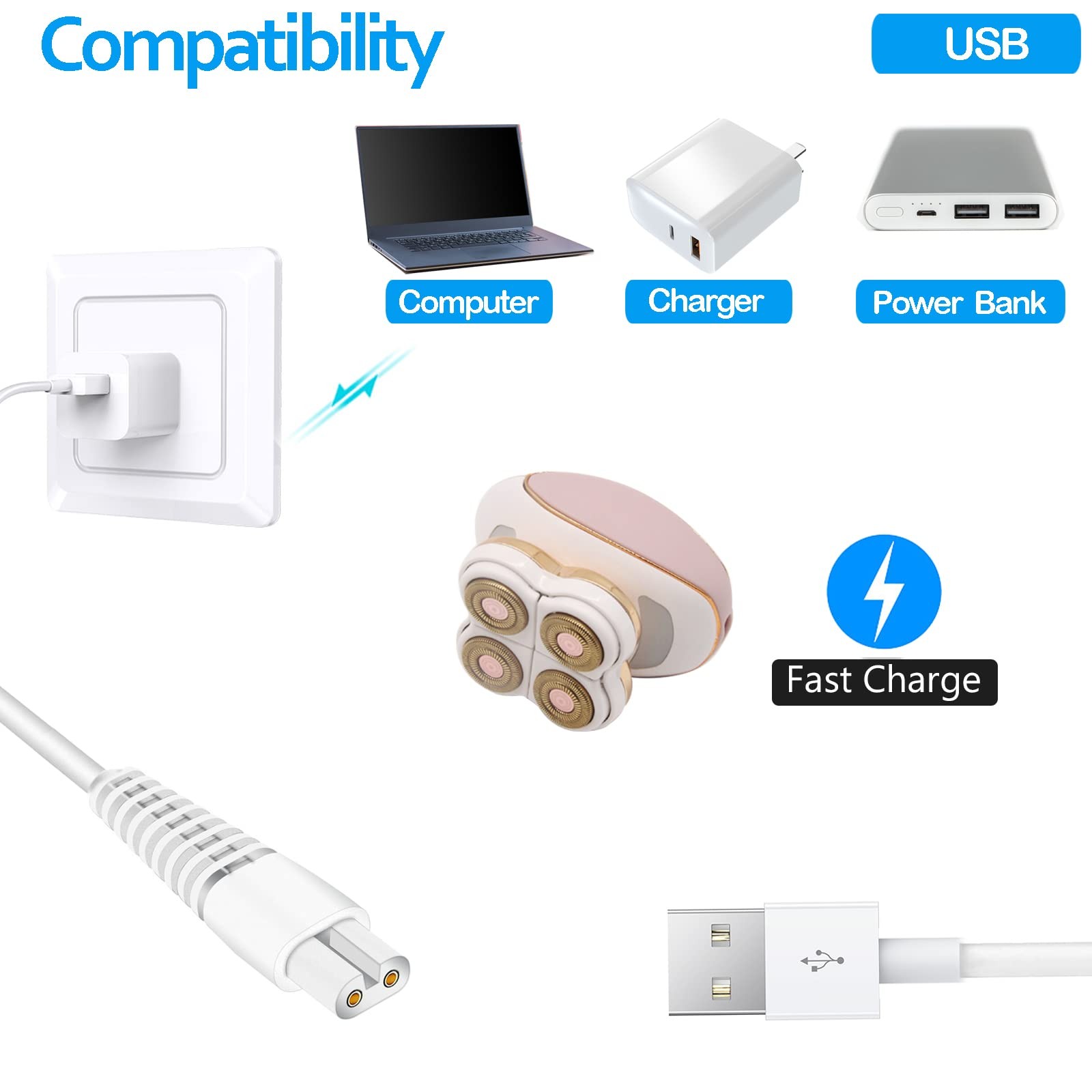 Charging Cable Replacement for Flawless Legs 1 Count (Pack of 2), White