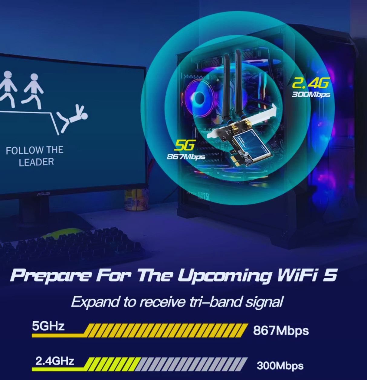 WiFi 1200Mbps Desktop PCIe Adapter 2.4G/5G Dual Band AX210 802.11AX PCI-E Card