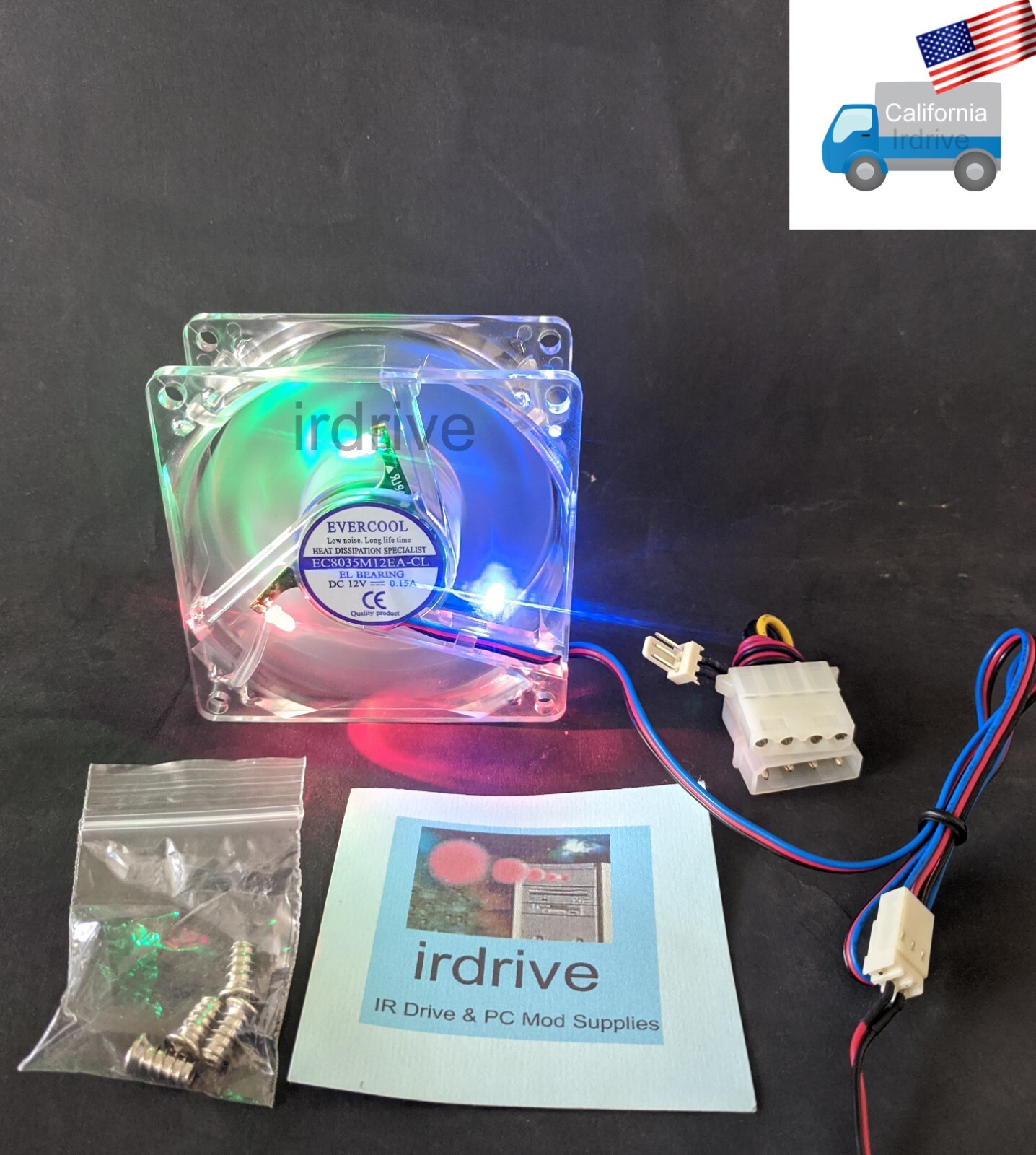 NEW Evercool Multi-Color Crystal LED Fan, 80mm x 35mm 3pin/Molex PC Case Cooling