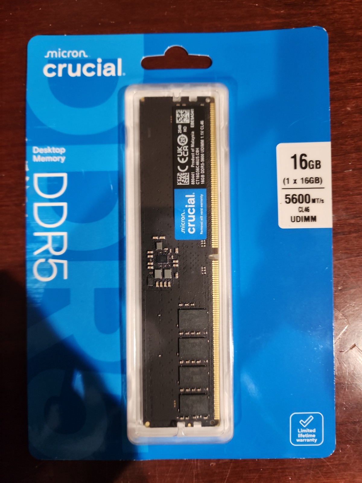 Crucial 16GB DDR5 RAM 5600MHz 288-Pin Desktop Memory 5600 UDIMM CT16G56C46U5
