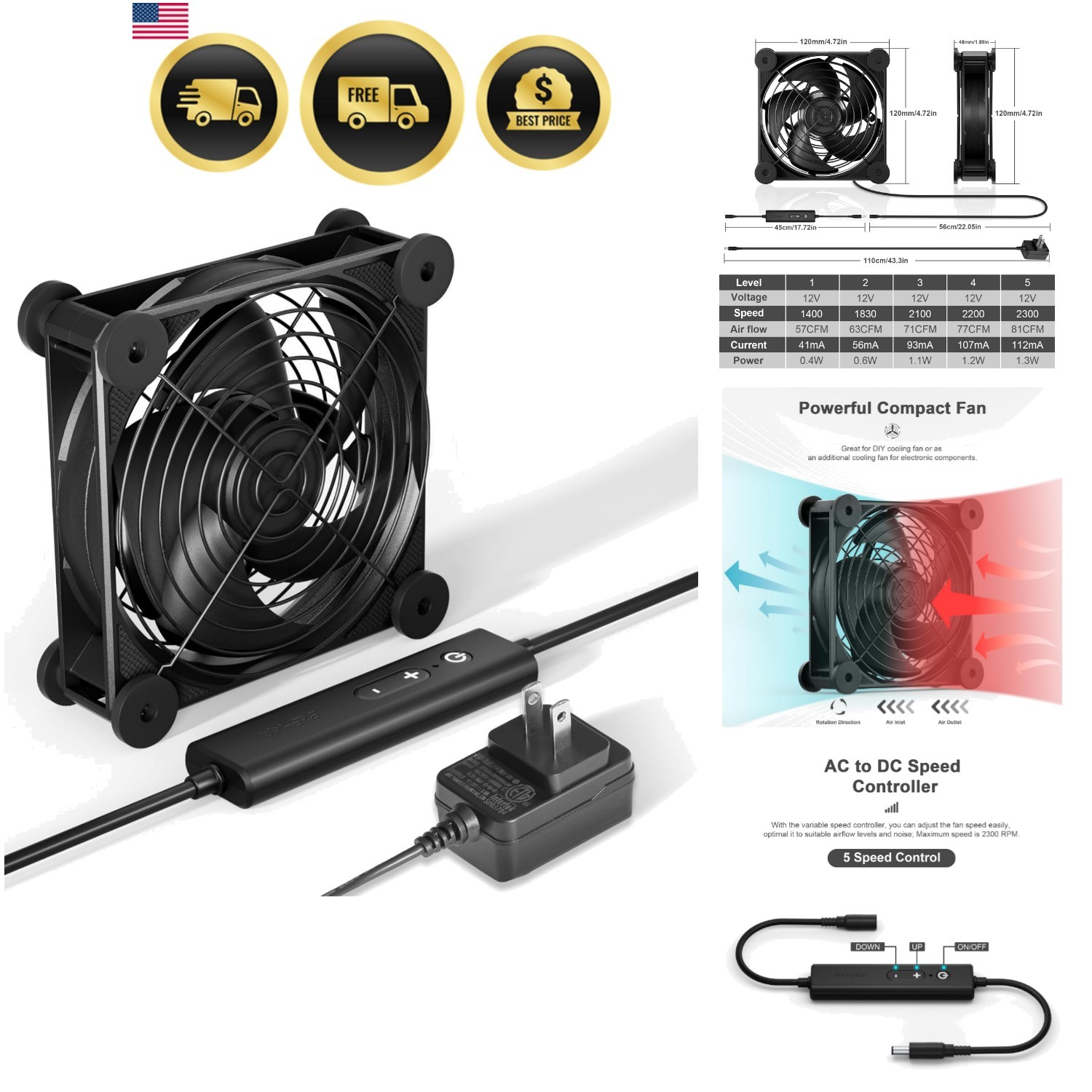 Computer Fan 120mm AC DC Cooling Fan 5 Speed Controller Quiet PC Chassis Fan