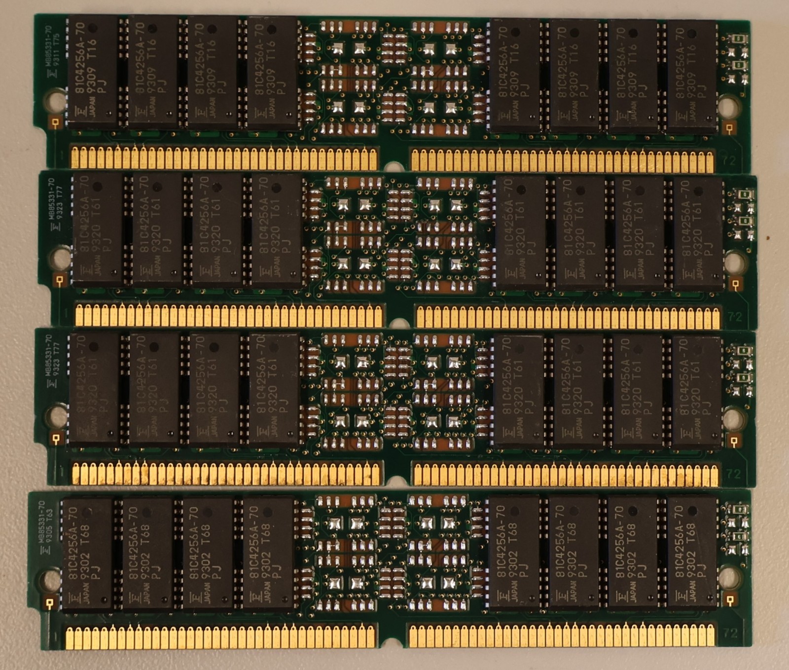 Vintage Fujitsu MB85331-70 4ea, 4 MB (1 meg x 32 bits) 16MB DRAM memory modules
