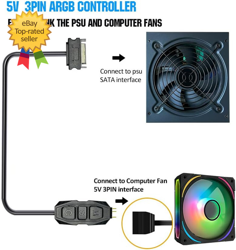 ARGB Controller Kit for PC RGB Case Fans, ARGB Splitter SATA Power RGB Fan Contr