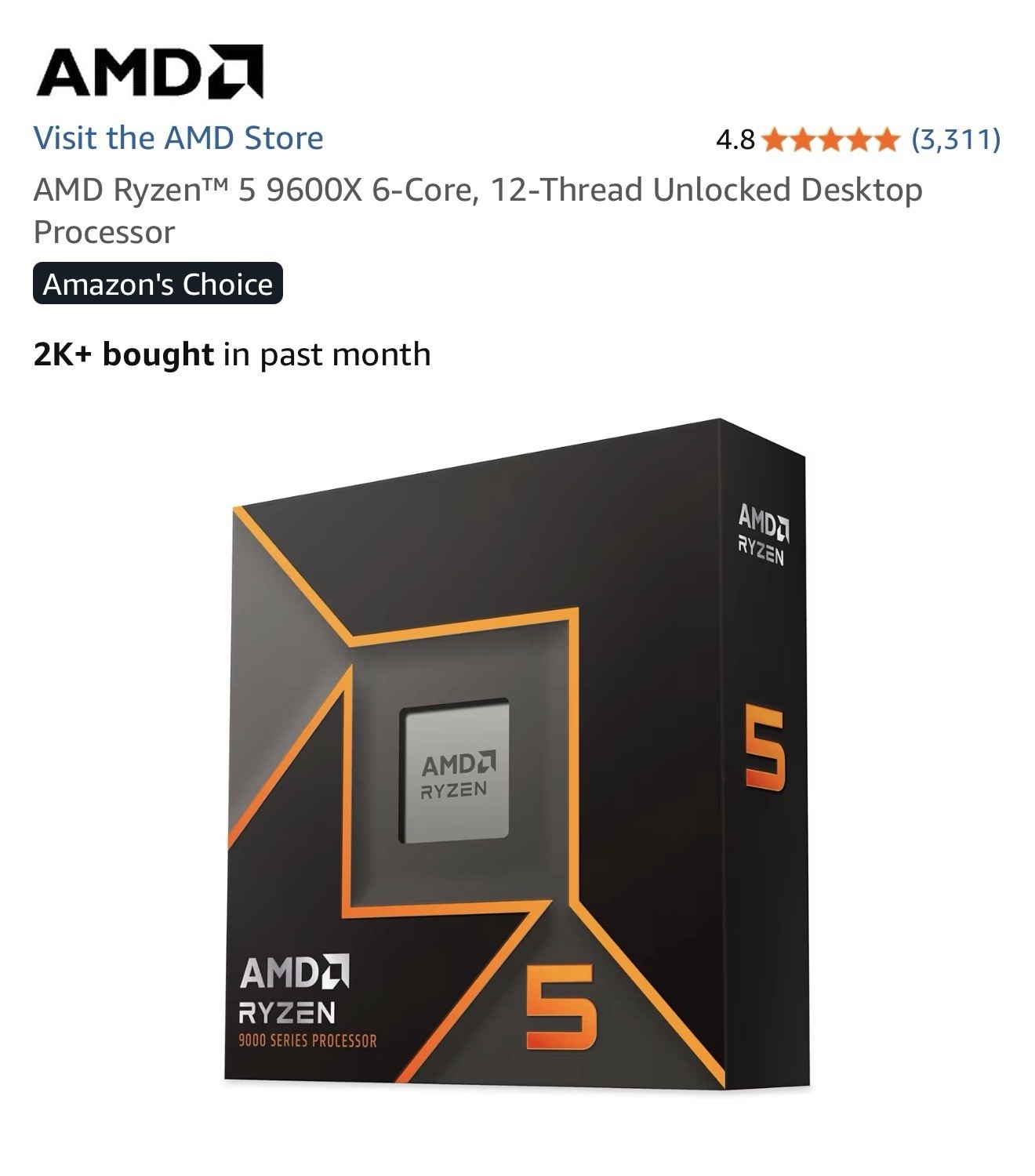 AMD Ryzen 5 9600X 6-Core 12-Thread Unlocked Desktop Processor 9000 Series AM5