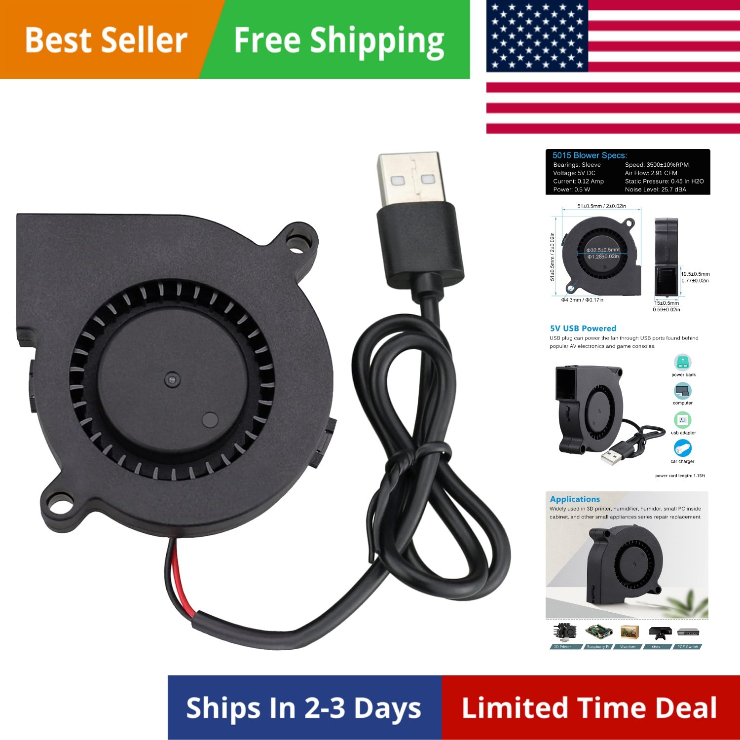 50mm USB Blower Fan with 3 Speeds Control, 5015 DC 5V Turbine Turbo Cooling F…