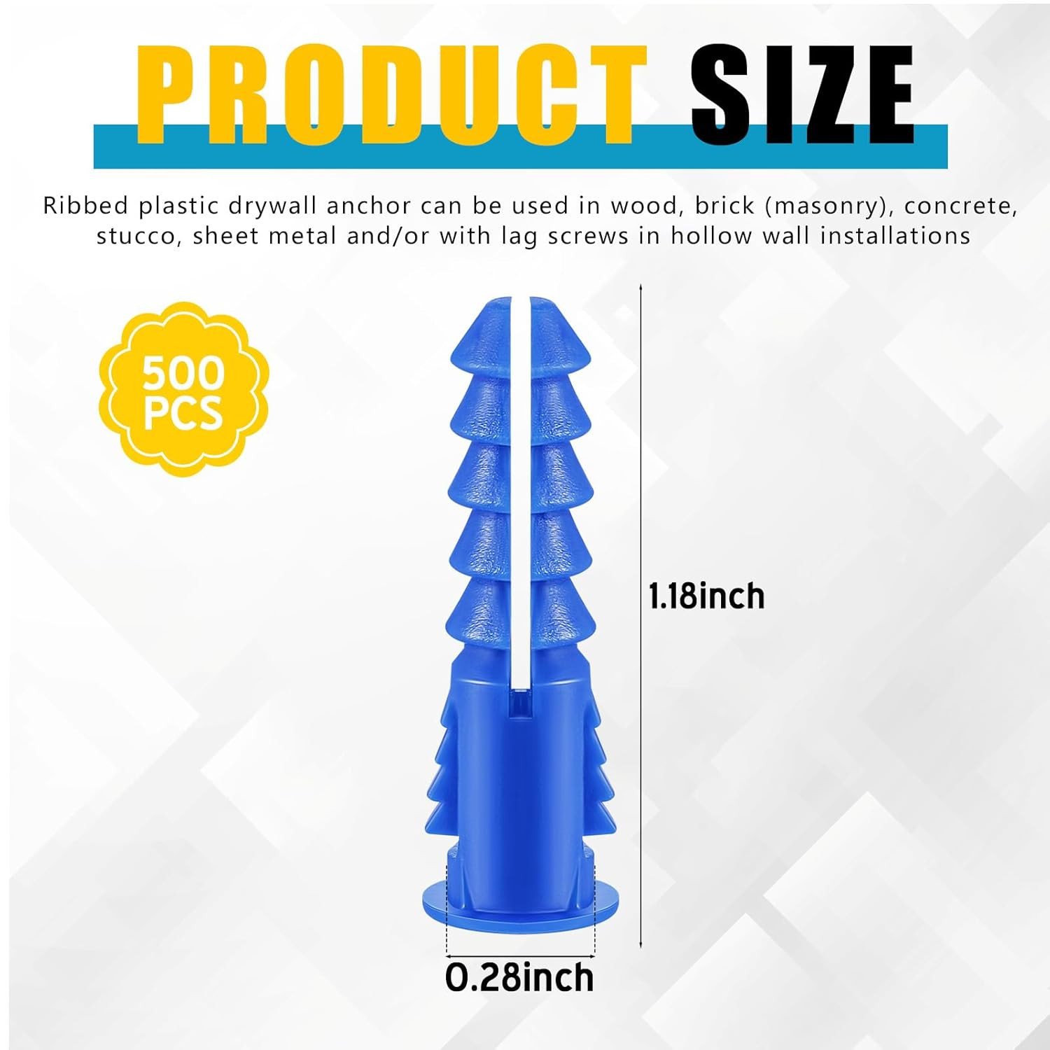 500PCS #8–12 x 1-1/4″ Ribbed Plastic Drywall Anchors for Hollow Walls Blue