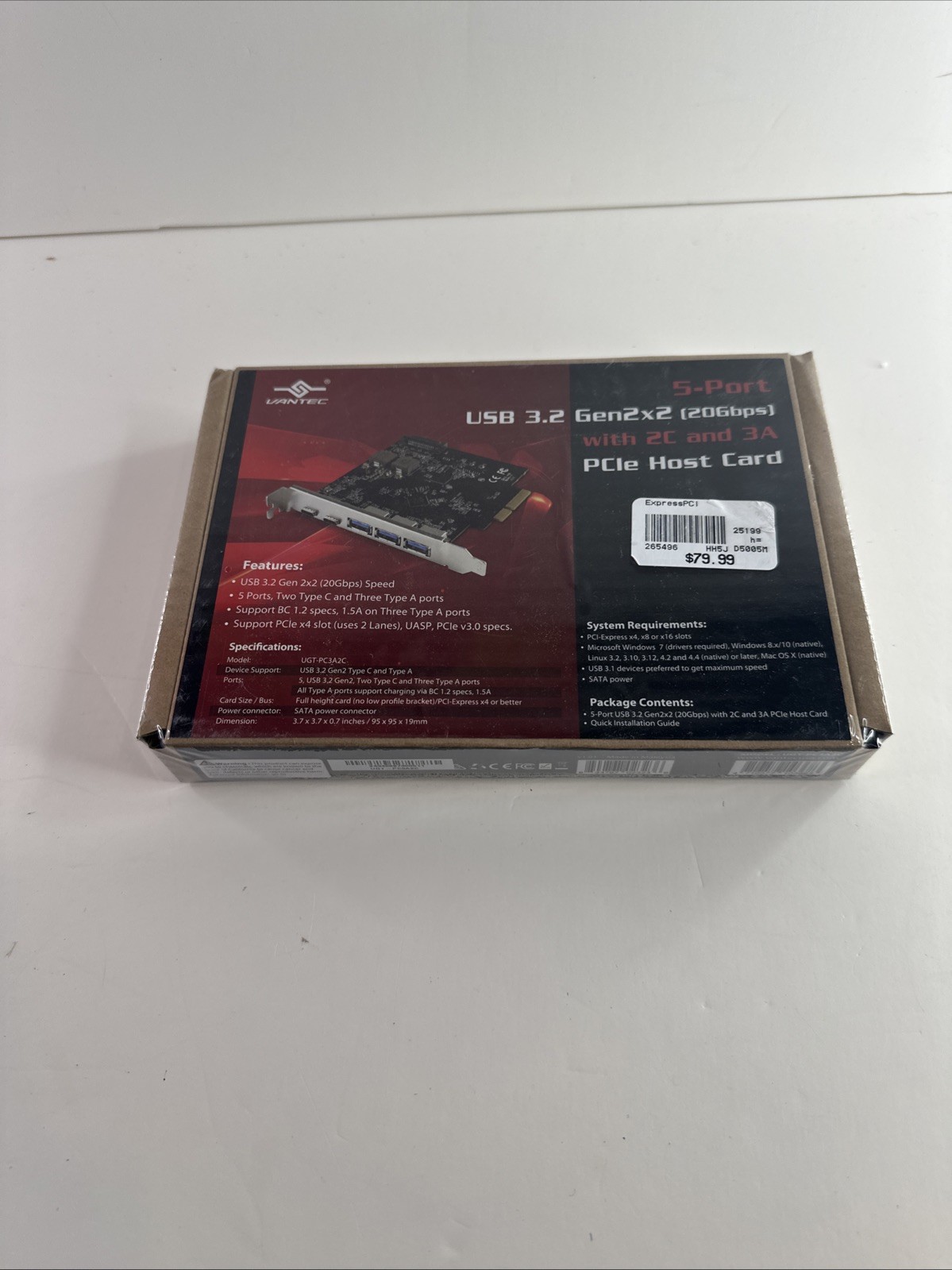 Vantec USB 3.2 Gen2x2 PCIe Card 20Gbps 5-Port 2x USB-C 3x USB-A UGT-PC3A2C FAST