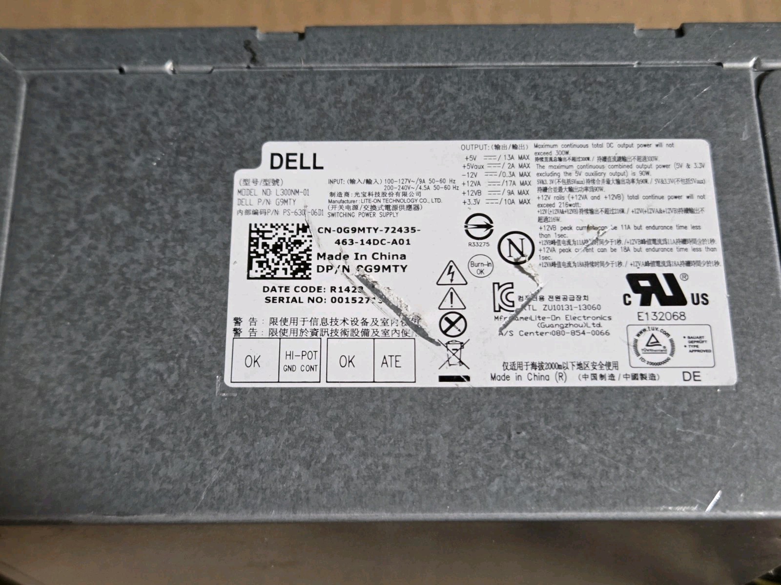 Dell 300w Power Supply Optiplex 3010 7010 9010 Inspiron 3847 0G9MTY 0949H1
