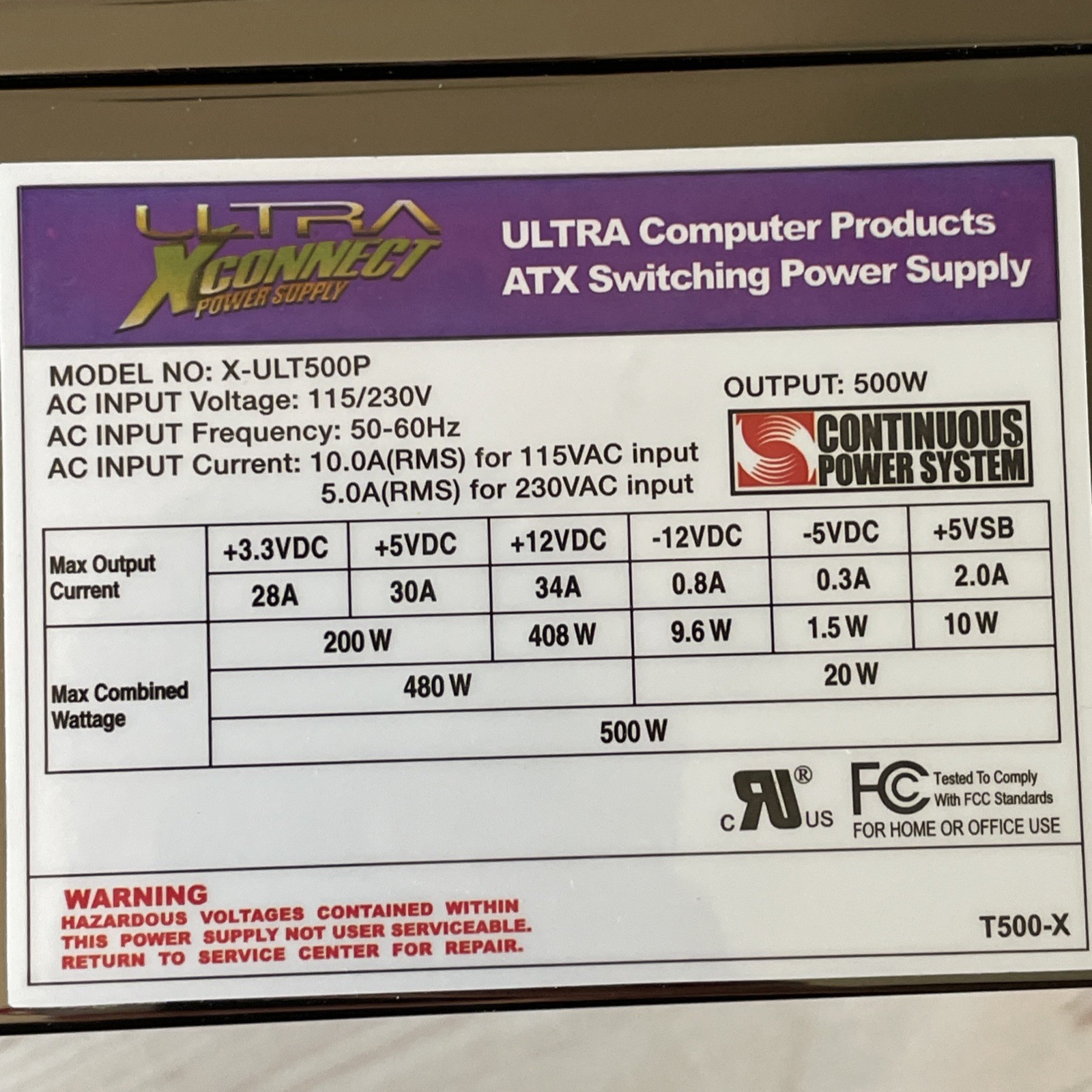 Ultra X-Connect 500W ATX Switching Power Supply X-ULT500P *FOR PARTS PLEASE READ