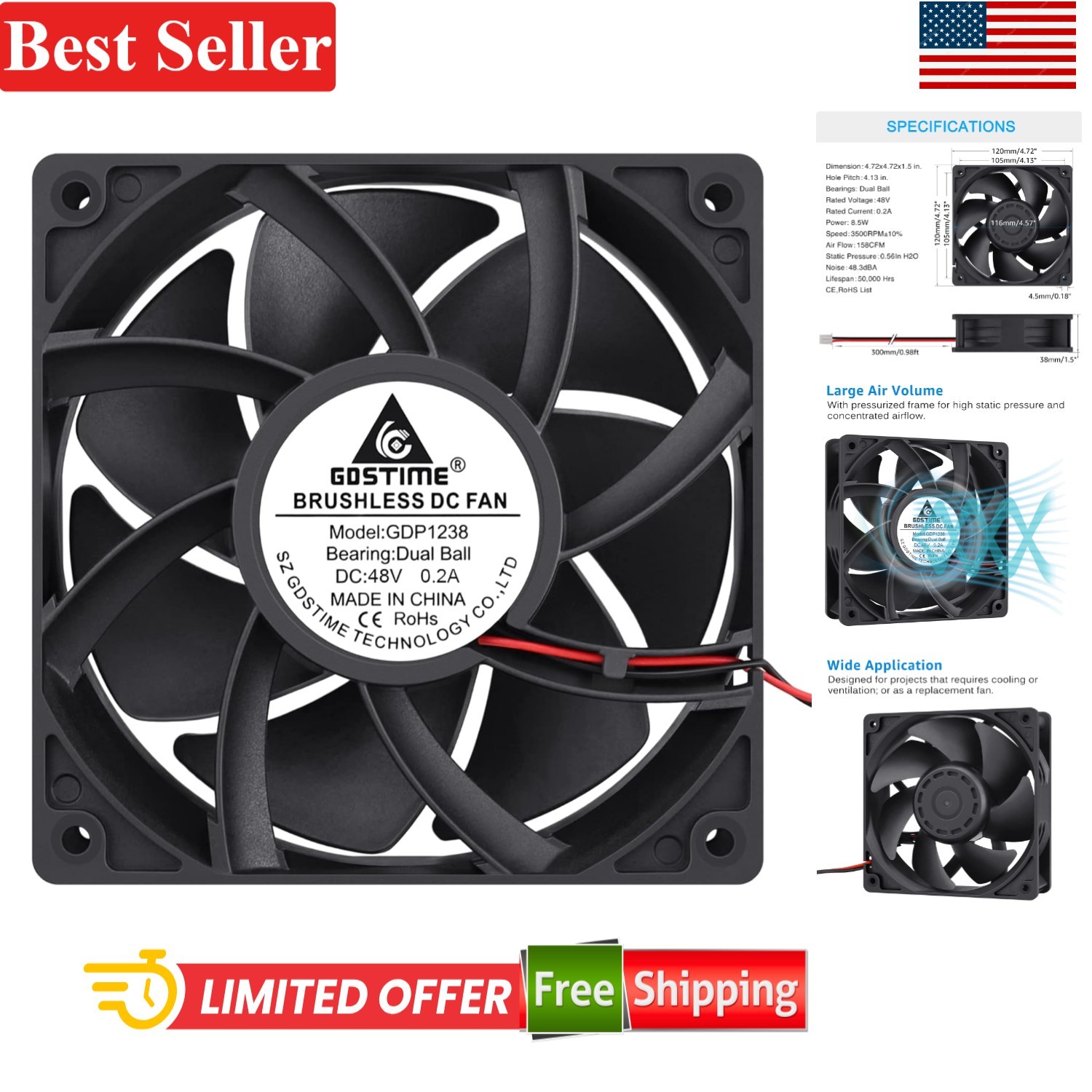 48V 120mm Cooling Fan Dual Ball Bearings for Server with 158 CFM Air Flow
