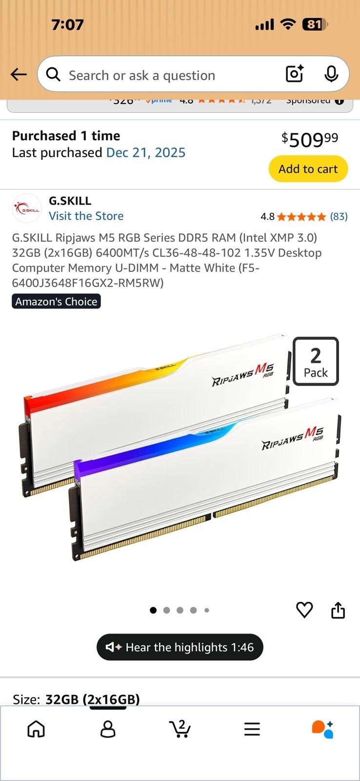 G.SKILL Ripjaws M5 RGB DDR5 32GB (2x16GB) 6400MT/s DIMM Matte White RAM