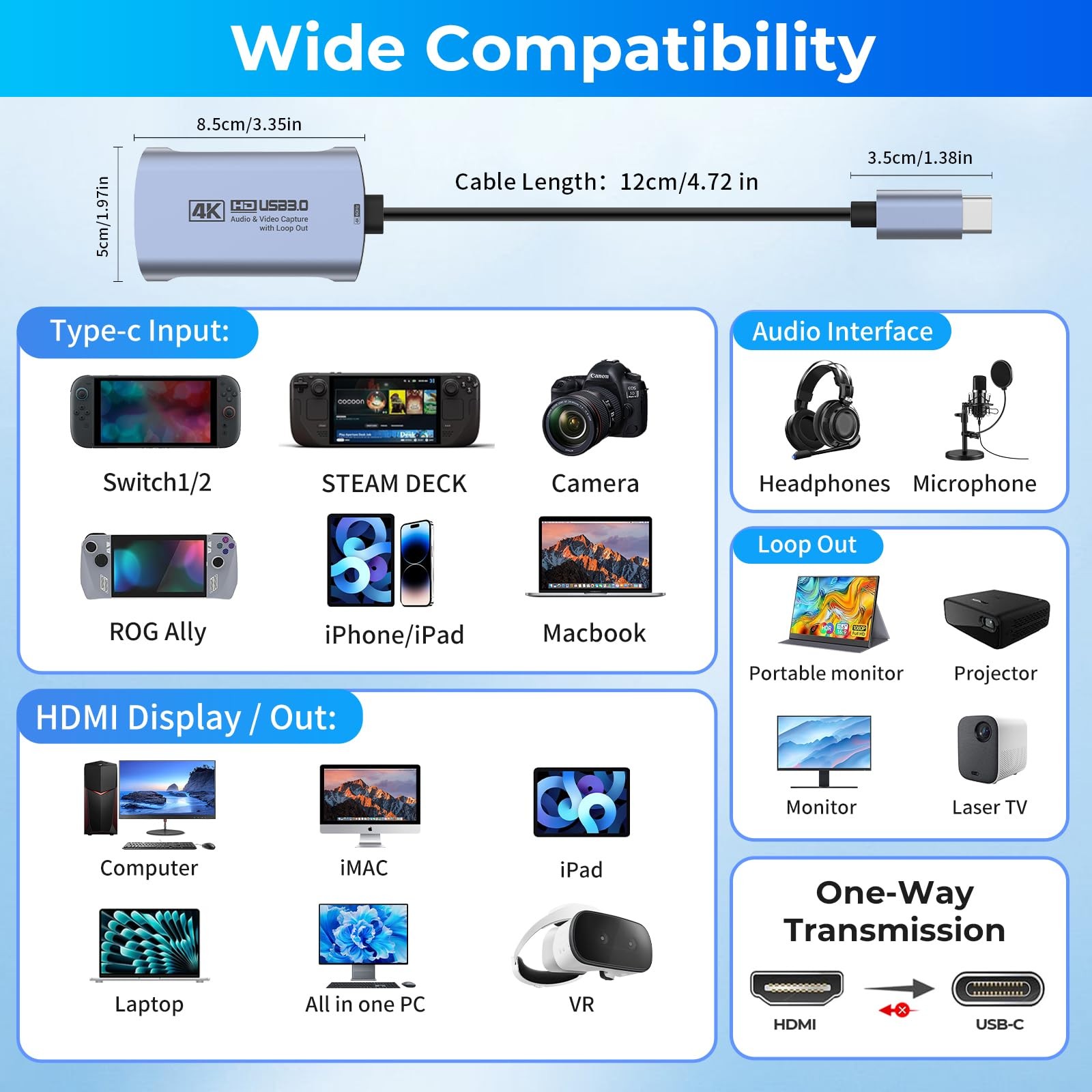 4K 60FPS & 1080P 240FPS HDMI Capture Card for Streaming, USB 3.0 to USB-C/A, …