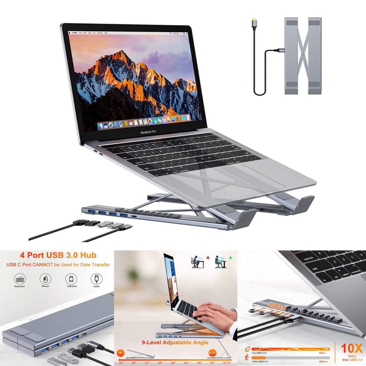 5-IN-1 USB-C Laptop Computer Folding Stand HUB Converter Adapter Plug & Play