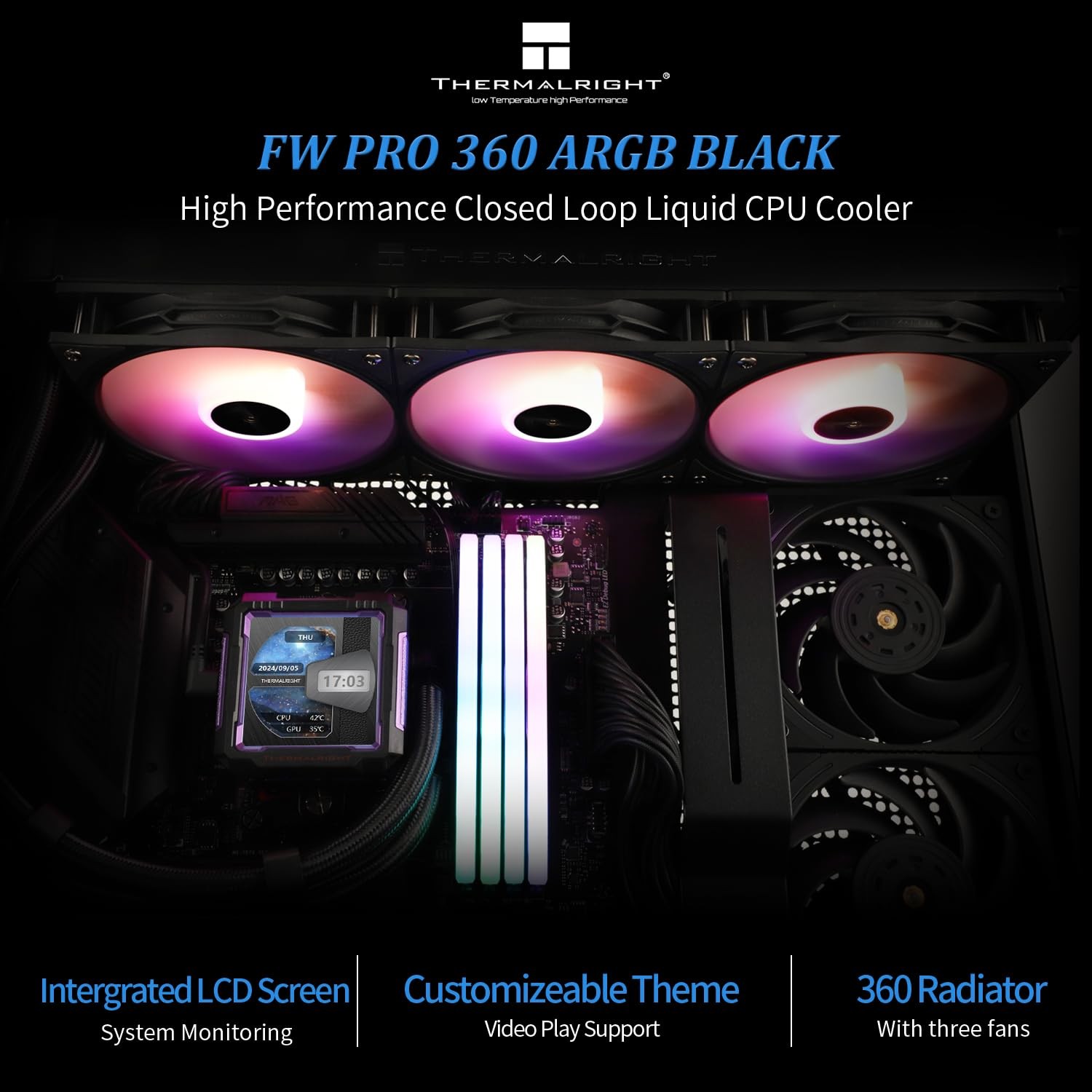 FW PRO 360 ARGB Black CPU AIO Water Cooler LCD Screen Fits AM5 Intel 1700 1851