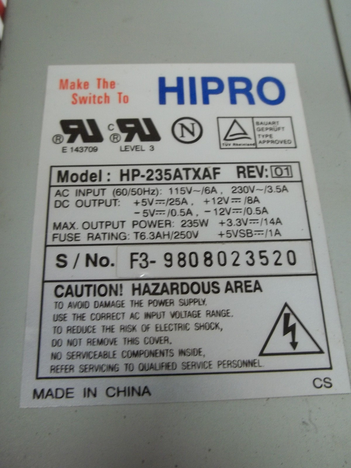 Hipro HP-235ATXAF Power Supply 115/230AC input 12/5/3 VDC