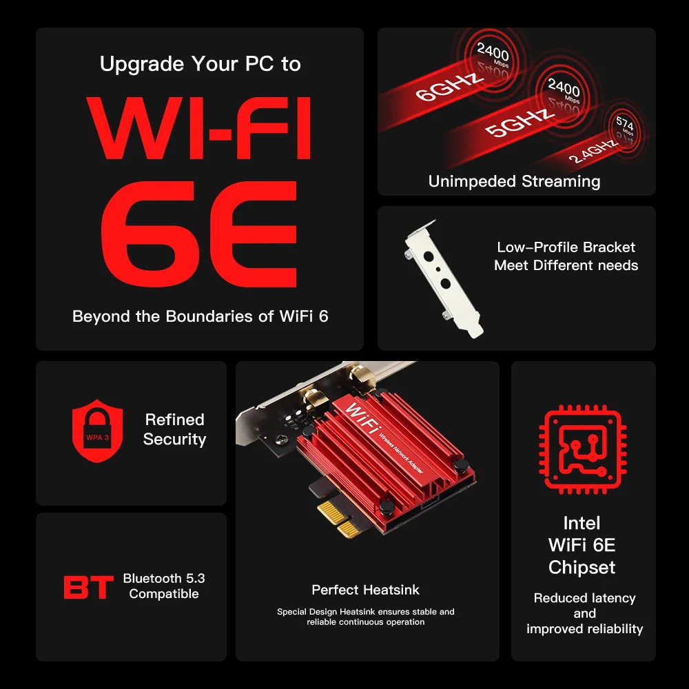 WiFi 6E 5374Mbps AX210 PCIE Wireless Bluetooth 10dbi Antenna For Win 10/11