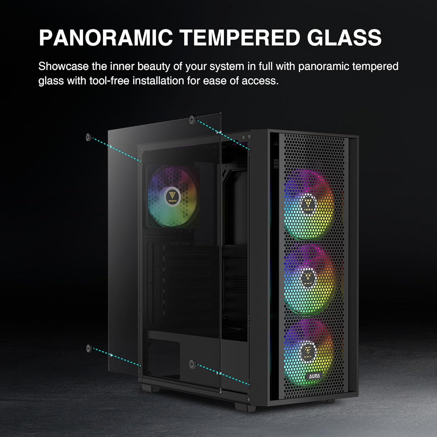 GAMDIAS ATX Mid Tower Computer PC Case with Tempered Glass, 4X 120Mm ARGB PWM Fa