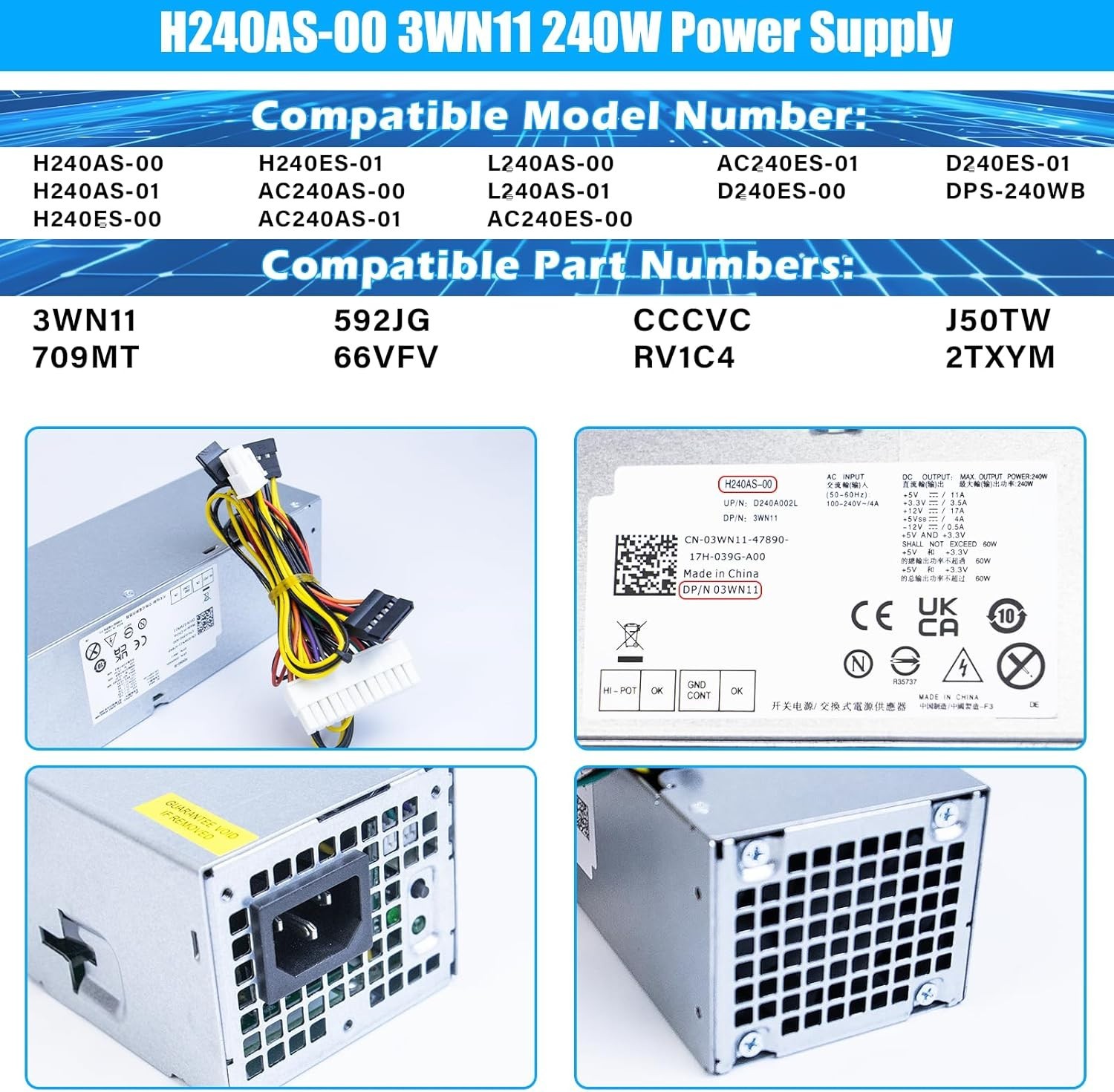 240W Power Supply – H240AS-01, Fits Optiplex 7010, 390, 790 SFF Models